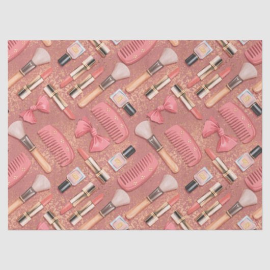 Roze Cosmetica Patroon Glitter Tissuepapier (Voorkant)
