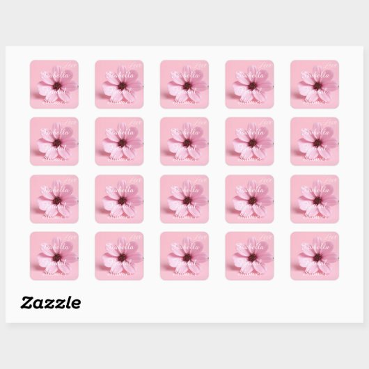Roze Cosmos Bloem Bruiloftsscript Ontwerp Vierkante Sticker (Vel)