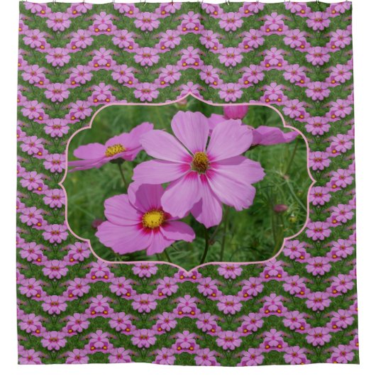 Roze Cosmos Bloem Natuur Kunst Patroon Douchegordijn (Voorkant)