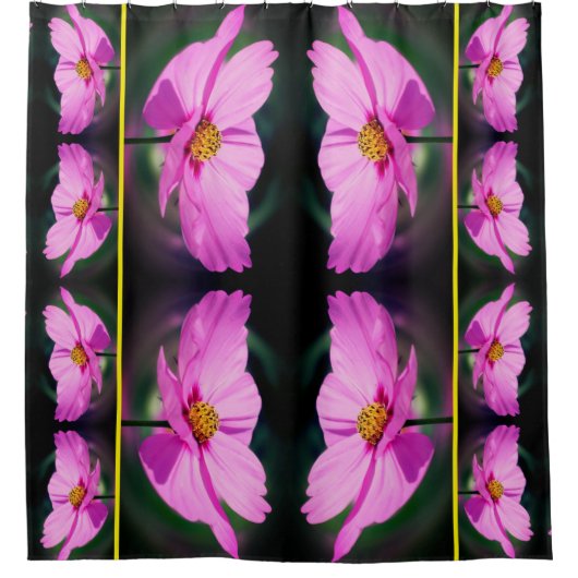 Roze Cosmos Bloem Spiegel Patroon Natuur Kunst Douchegordijn (Voorkant)