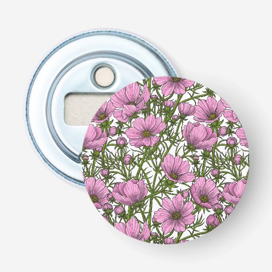 Roze Cosmos bloemen Button Flesopener (Voorkant)