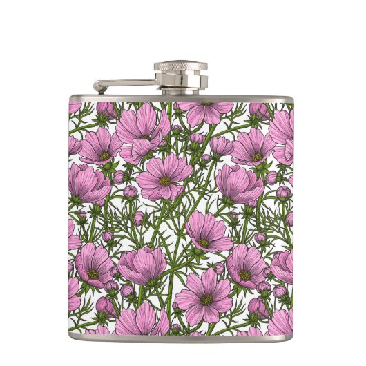 Roze Cosmos bloemen Heupfles (Voorkant)