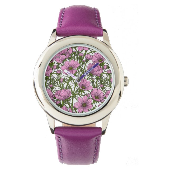 Roze Cosmos bloemen Horloge (Voorkant)