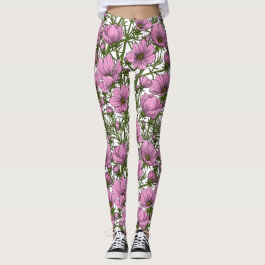 Roze Cosmos bloemen Leggings (Voorkant)