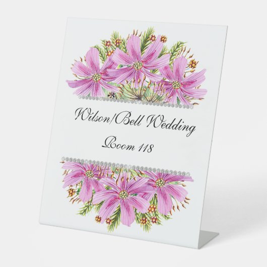 Roze Cosmos Diamond Bling Wedding Reclamebord Met Voetstuk (Voorkant)