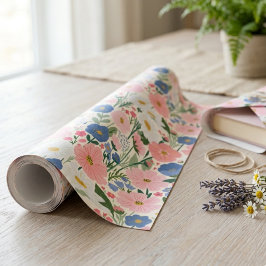 Roze Cosmos en Blauwe Wilde Bloemen Botanisch Cadeaupapier