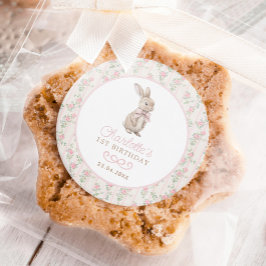 Roze Cottage Chic Bunny Bloemen Meisje 1e verjaard Ronde Sticker