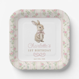 Roze Cottage Chic Bunny Floral Girl Verjaardag Papieren Bordje
