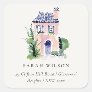Roze Cottage Landschap Thuis Verhuisd Adres Vierkante Sticker
