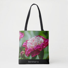 Roze Cottage Pioen Tuin Bloem w/Text Tote Bag