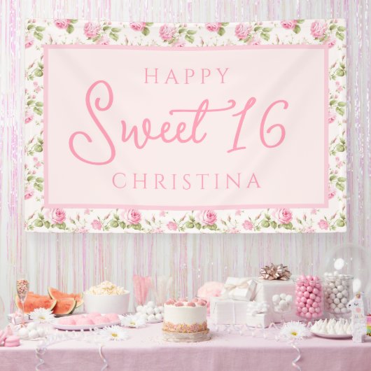 Roze Cottage Roos Happy Sweet 16e Verjaardag Spandoek (Feest)