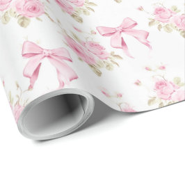 Roze Cottage Roos met Bow Coquette Cadeaupapier