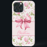 Roze Cottage Roos met Bow Coquette Case-Mate iPhone Case<br><div class="desc">Deze iPhone case heeft een roze kool rozen op de achtergrond met een gebogen roze doosvorm die jouw naam personalisatie verankert met een schattige roze strik.</div>