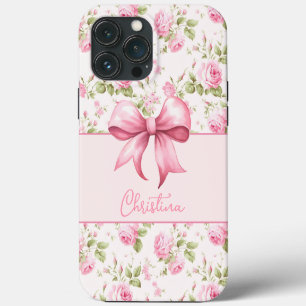 Roze Cottage Roos met Strik Coquette iPhone 13 Pro Max Hoesje
