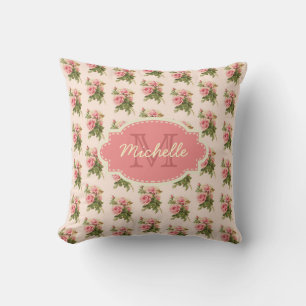 Roze Cottage Roos Monogram & Naam  Bloemen Kussen