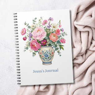 Roze Cottagecore Bloemen Vaas Gepersonaliseerd Notitieboek