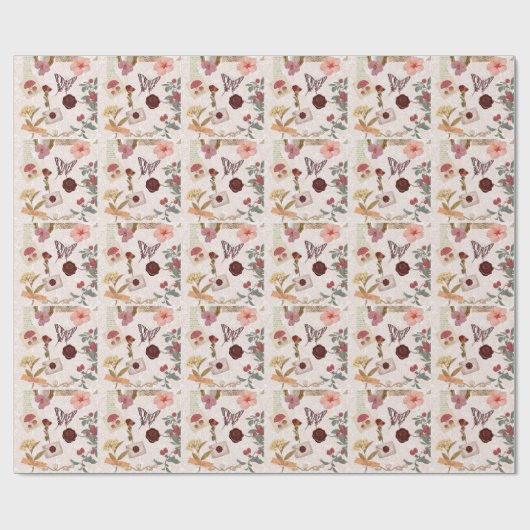 Roze Cottagecore Botanische Collage Cadeaupapier (Vlak)