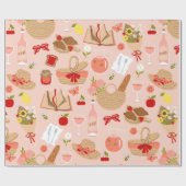Roze CottageCore Croissant picknickmand Cadeaupapier (Vlak)