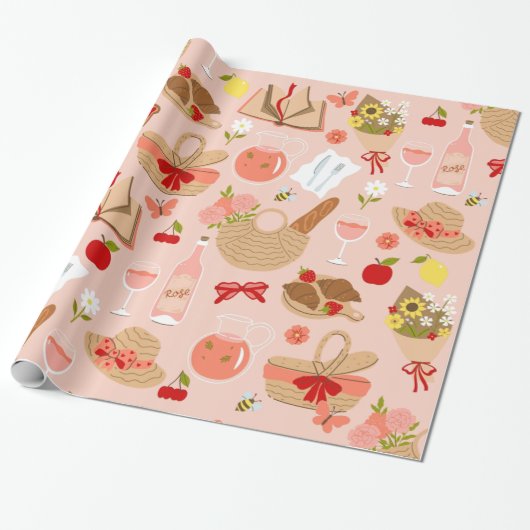 Roze CottageCore Croissant picknickmand Cadeaupapier (Uitgerold)