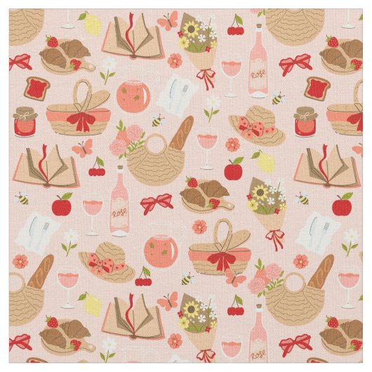 Roze CottageCore Croissant picknickmand Stof (Close Up)
