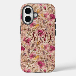 Roze Cottagecore Gebloemde Coquette Geborduurd iPhone 16 Hoesje