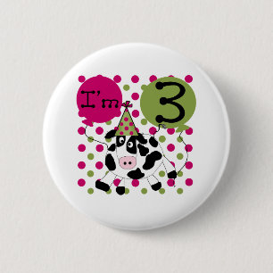 Roze cow 3rd Birthday Ronde Button 5,7 Cm