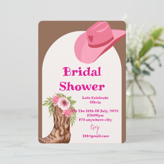 Roze Cowboy Bloemen Bruids Douche Uitnodigingskaar Save The Date (Staand voorkant)
