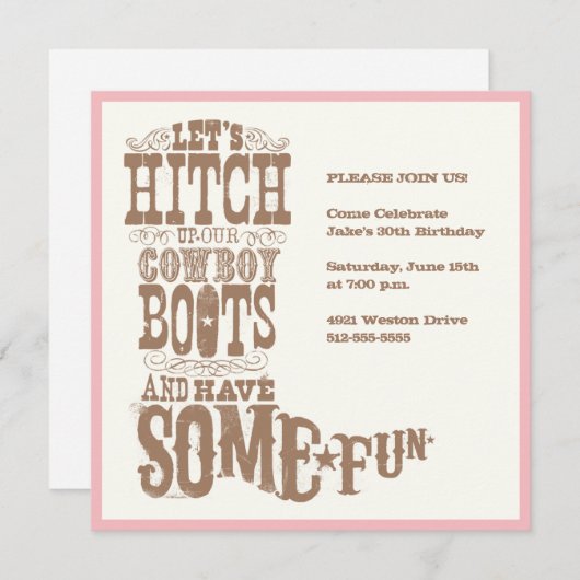 Roze Cowboy Boot Invitations Kaart (Voorkant / Achterkant)