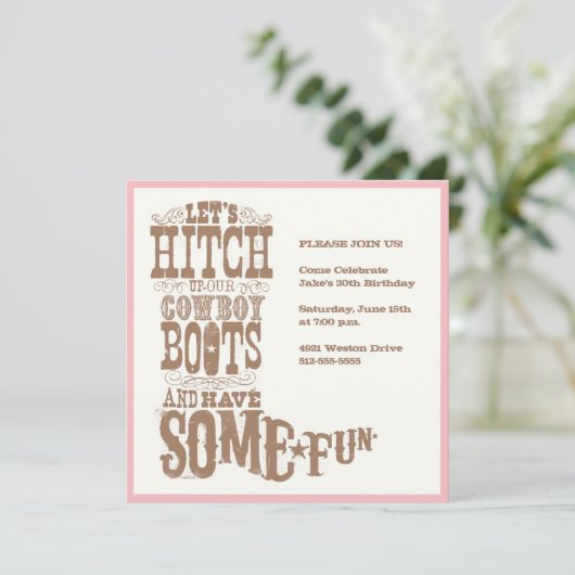 Roze Cowboy Boot Invitations Kaart (Staand voorkant)