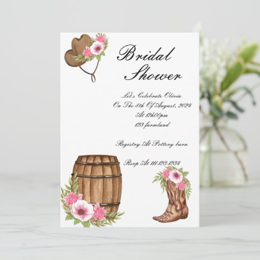 ROZE COWBOY BRUIDSDOUCHE UITNODIGING (Staand voorkant)