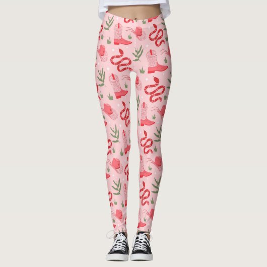 Roze cowboy en slangen patroon leggings (Voorkant)