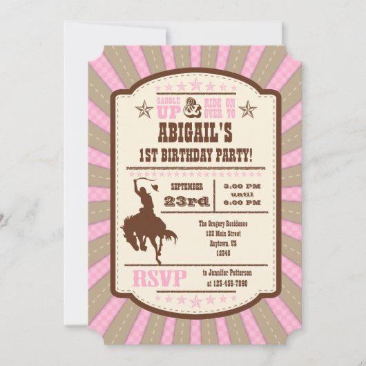 Roze Cowboy Rodeo Birthday Party Invitation Kaart (Voorkant)