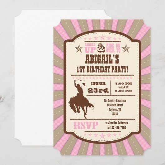 Roze Cowboy Rodeo Birthday Party Invitation Kaart (Voorkant / Achterkant)