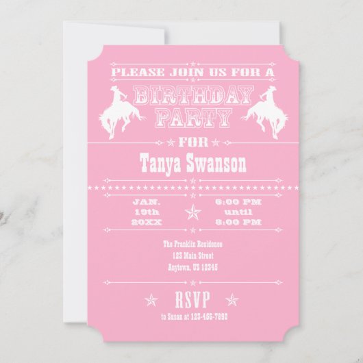 Roze Cowboy Rodeo Birthday Party Invitation Kaart (Voorkant)
