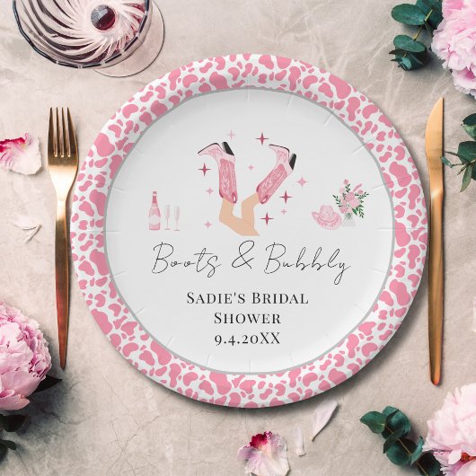 Roze Cowboylaarzen & Bruisende Bruiloftsshower Papieren Bordje