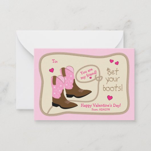 Roze Cowboylaarzen Valentijnsdag Klaslokaal Notitiekaartje (Voorkant)