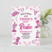 Roze Cowgirl 1e Rodeo verjaardagsfeestje uitnodigi Kaart (Staand voorkant)