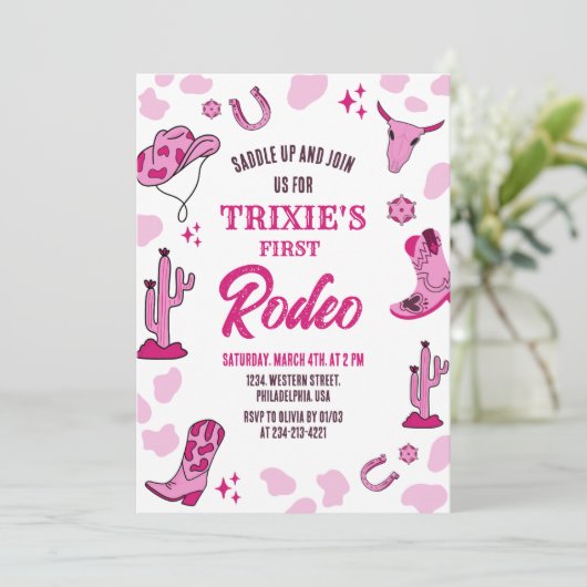 Roze Cowgirl 1e Rodeo verjaardagsfeestje uitnodigi Kaart (Staand voorkant)
