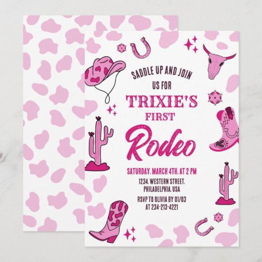Roze Cowgirl 1e Rodeo verjaardagsfeestje uitnodigi Kaart (Voorkant / Achterkant)