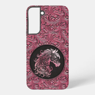 Roze cowgirl bloem lederen paardenhoofd samsung galaxy hoesje