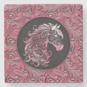 Roze cowgirl bloemengereedschap lederen paard hoof stenen onderzetter