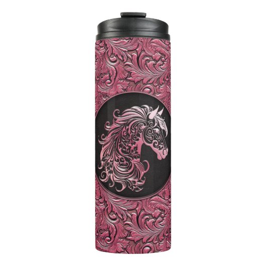 Roze cowgirl bloemengereedschap lederen paard hoof thermosbeker (Voorkant)