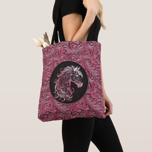 Roze cowgirl bloemengereedschap lederen paard hoof tote bag (Dichtbij)