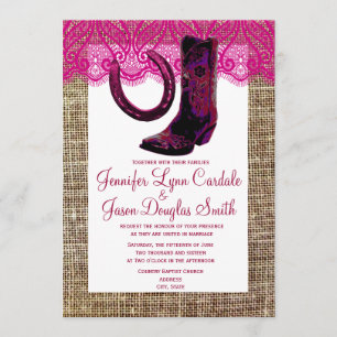 Roze Cowgirl Boots Hoefijzer Burlap Wedding Kaart