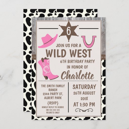 Roze Cowgirl Boots Wild West Birthday Uitnodiging (Voorkant / Achterkant)