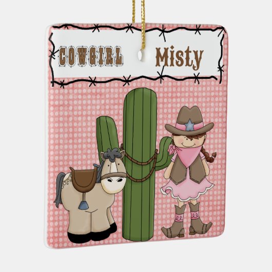  Roze Cowgirl (bruin haar) en Pony-2-zijdig Keramisch Ornament (Rechts)