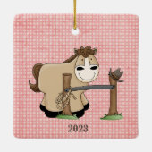  Roze Cowgirl (bruin haar) en Pony-2-zijdig Keramisch Ornament (Achterkant)