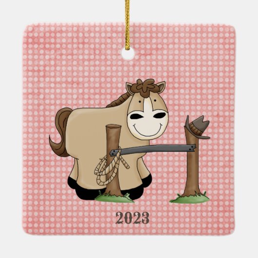  Roze Cowgirl (bruin haar) en Pony-2-zijdig Keramisch Ornament (Achterkant)