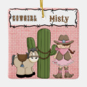  Roze Cowgirl (bruin haar) en Pony-2-zijdig Keramisch Ornament (Voorkant)
