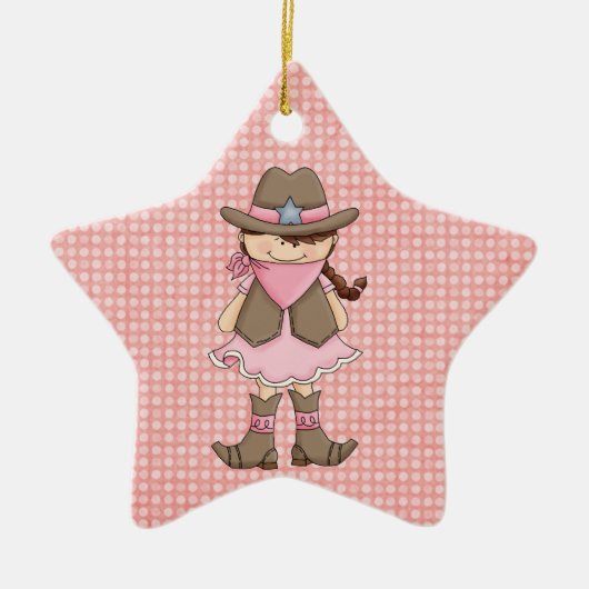 Roze Cowgirl (bruin haar) & Sheriffs Badge Keramisch Ornament (Voorkant)